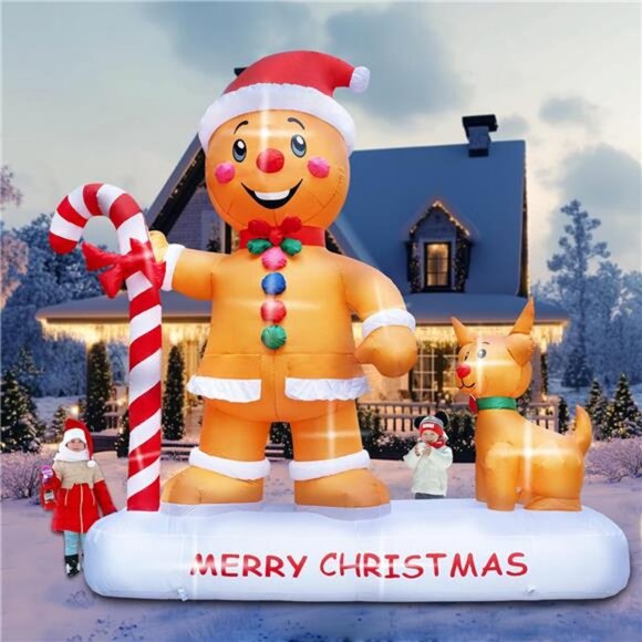 10FT Christmas Inflatables Gingerbread Man w/ Cute Dog Built in Bright LED Light - Picture 1 of 7
